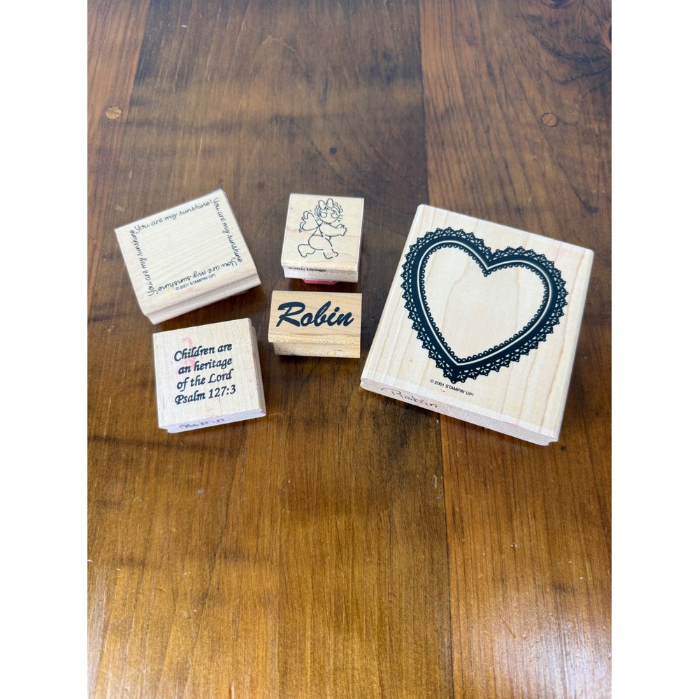 Stampin Up Vintage Wood Rubber Stamp Lot Heart Sunshine Psalm 127:3 Angel Robin